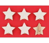 Hvězdy s glitry, dřevěné bílé na kolíčku 4,5 cm 6 kusů