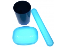 Plastic Nova Toaletný sáčok súprava - cestovná toaletná sada modrá, téglik, puzdro na kefku a mydlo 3 kusy
