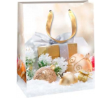 Ditipo Dárková papírová taška 26,4 x 13,6 x 32,7 cm Glitter Vánoční světlá - zlatý dárek a baňky