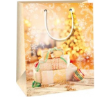 Ditipo Dárková papírová taška 18 x 10 x 22,7 cm Vánoční zlatá - dárky, svítící stromeček
