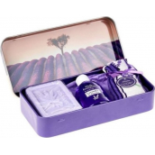 Esprit Provence Levanduľové toaletné mydlo 60 g + vonné vrecúško + esenciálny olej 12 ml + plechová krabička s obrázkom stromu v levanduľovom poli, kozmetická sada pre ženy