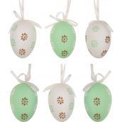 Plastové vajíčka na zavesenie zelené a biele s kvetmi 6 cm 6 kusov vo vrecku