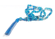 108 Mala Agát modrý náhrdelník, meditačné šperky, prírodný kameň, elastický, strapec 8 cm, korálik 6 mm
