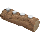 Drevený svietnik na štyri čajové sviečky s rozmermi cca 30 x 10 cm s kôrou