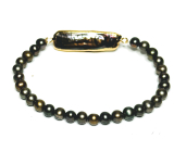 Perlový náramok čierny s ornamentom, elastický prírodný kameň, guľôčka 4-5 mm / 16-17 cm, symbol ženskosti, prináša obdiv