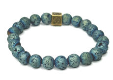 Lávovo modrý pokovovaný s kráľovskou mantrou Om, náramok z elastického prírodného kameňa, guľôčka 8 mm / 16-17 cm, zrodený zo štyroch živlov