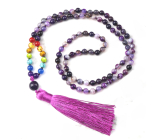 108 Mala 7 čakier Agát fialový náhrdelník, meditačné šperky, prírodný kameň viazaný, elastický, korálik 6 mm