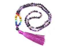 108 Mala 7 čakier Agát fialový náhrdelník, meditačné šperky, prírodný kameň viazaný, elastický, korálik 6 mm