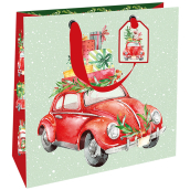 Nekupto Dárková papírová taška luxusní 23 x 23 cm Vánoční auto s dárky