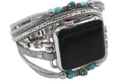 Ručne vyrobený remienok pre Apple Watch strieborný + korálky, veľkosť 38/40/41 mm