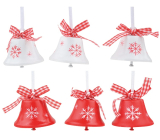 Červené a biele závesné zvončeky so snehovou vločkou 4,5 cm 6 kusov