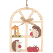 Jesenné okno s ježkami drevená dekorácia na zavesenie 23,5 cm 1 kus