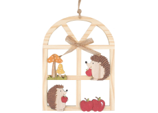 Podzimní okno s ježky dřevěná dekorace na zavěšení 23,5 cm 1 kus