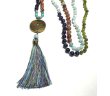 108 Mala 7 čakrový náhrdelník, meditačný šperk, prírodný kameň, viazaný, strapec 9 cm, korálky 6+8 mm