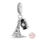 Striebro 925 Paríž Eiffelova veža + fotoaparát, Pozdravy z Francúzska, prívesok cestovný náramok 2v1