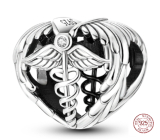 Striebro 925 Graduation - Aesculapius staff - emblém lekárov a lekárnikov, srdcový korálik na náramok
