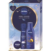 Nivea Feel Good Protect & Care antiperspirant v spreji 150 ml + krém na základnú starostlivosť 30 ml + Q10 Plus Vitamin C Výživné spevňujúce telové mlieko na suchú pokožku 250 ml, kozmetická sada pre ženy