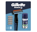Gillette Sensor 3 holiaci strojček pre mužov + náhradné hlavice 5 kusov + upokojujúci gél na holenie Sensitive s aloe vera 75 ml, kozmetická sada pre mužov