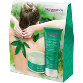 Dermacol Cannabis upokojujúci sprchový krém s konopným olejom 200 ml + telový peeling s konopným olejom 200 g, kozmetická sada pre ženy