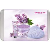 Dermacol Lilac Flower - krém na ruky Lilac 30 ml + telový peeling 200 g + vonná sviečka 130 g + plechová krabička, kozmetická sada pre ženy