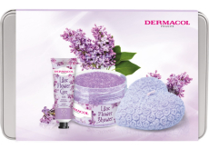 Dermacol Lilac Flower - krém na ruky Lilac 30 ml + telový peeling 200 g + vonná sviečka 130 g + plechová krabička, kozmetická sada pre ženy