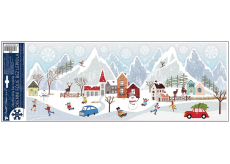 Okenná fólia Vianočná zimná dedina a autá s trblietkami 21 x 59,5 cm