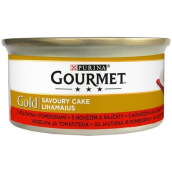 Gourmet Gold Savoury Cake hrubá paštéta s hovädzím mäsom a paradajkami v konzerve pre dospelé mačky 85 g