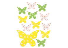 Motýle drevené s lepidlom 3 farby 4 cm, 12 kusov vo vrecku