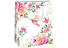 Ditipo Darčeková papierová taška 18 x 10 x 22,7 cm Biele farebné kvety a kolibrík