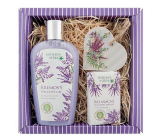 Bohemia Gifts Lavender krémový sprchový gél 250 ml + mydlo 100 g + drevené srdce rôzne motívy, kozmetická sada
