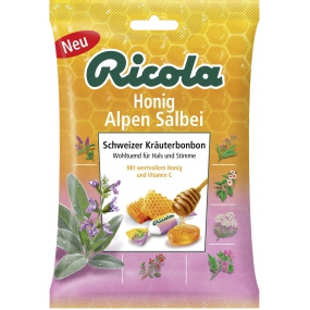 Ricola Honig Alpen Salbei Medovo - Šalviové švajčiarske bylinné cukríky bez cukru s vitamínom C z 13 bylín, upokojuje krk 75 g