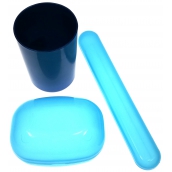 Plastic Nova Toaletný sáčok súprava - cestovná toaletná sada modrá, téglik, puzdro na kefku a mydlo 3 kusy