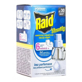 Raid Family elektrický odparovač tekutý proti komárom náhradná náplň 30 nocí 21 ml