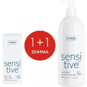 Ziaja Sensitive Skin SPF 20 upokojujúci denný krém na zníženie podráždenia 50 ml + Sensitive Skin krémový umývací gél na citlivú pleť 400 ml, duopack