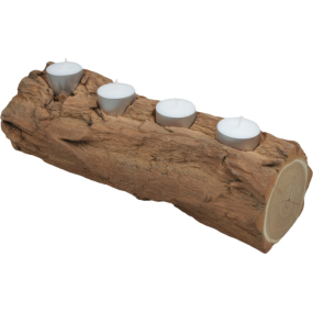 Drevený svietnik na štyri čajové sviečky s rozmermi cca 30 x 10 cm s kôrou
