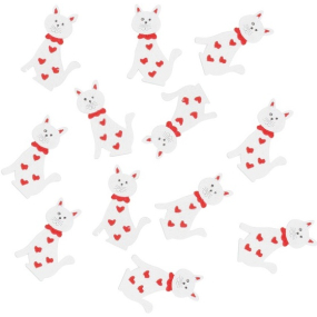 Drevená mačka s lepidlom s červenou mašľou biela 4 cm 12 kusov
