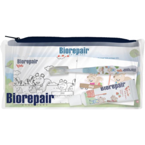 Biorepair Kids Zubná kefka 1 ks + jahodová zubná pasta pre deti od 0 do 6 rokov 15 ml, cestovné puzdro