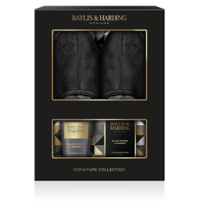 Baylis & Harding Sprchový gél s čiernym korením a ženšenom 140 ml + toaletné mydlo 100 g + papuče, kozmetická sada pre mužov