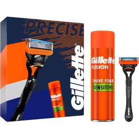 Gillette Fusion Sensitive gél na holenie pre citlivú pokožku 200 ml + pánsky holiaci strojček Fusion 1 ks + náhradná hlavica 1 ks, kozmetická sada pre mužov