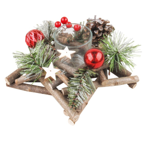 Vianočný drevený svietnik v tvare hviezdy s červenými doplnkami a šiškami 20 cm