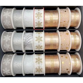 Nekupto Vianočná textilná stuha Biele zlaté vločky 25 mm x 2,5 m