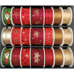 Nekupto Látková vianočná stuha Červená zlatá tmavočervené hviezdy 25 mm x 2,5 m