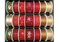 Nekupto Látková vianočná stuha Tmavo červená zlaté hviezdy 40 mm x 2 m