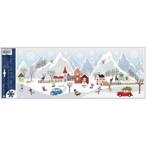 Okenná fólia Vianočná zimná dedina a autá s trblietkami 21 x 59,5 cm