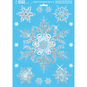 Oblúková vianočná samolepka, okenná fólia bez lepidla Snehová vločka veľká a malá s glitrami 35 x 25 cm