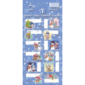 Vianočné nálepky na darčeky medvedík s klobúkom a stromčekom, modrý list 12 štítkov
