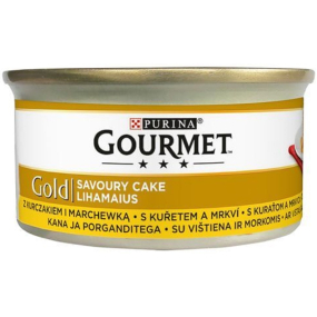 Gourmet Gold Savoury Cake hrubá paštéta s kuracím mäsom a mrkvou v konzerve pre dospelé mačky 85 g