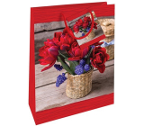 Nekupto Papierová darčeková taška 32,5 x 26 x 13 cm Tulipány v košíku