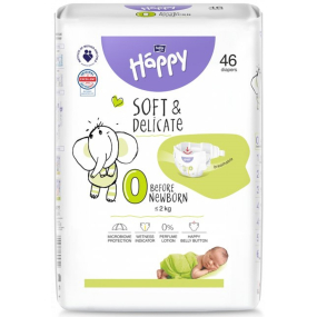 Bella Happy 0 Before Newborn od 0 - 2 kg jednorazové plienky pre predčasne narodené deti a novorodencov s nízkou pôrodnou hmotnosťou 46 kusov