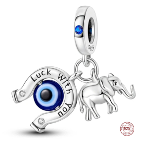 Strieborný prívesok 925 Podkova, modré oko, slon, šťastný náramok